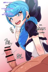 1boy 1girls blue_eyes blue_hair blush censored drill_hair gwen_(league_of_legends) hair_ornament kimtoxic league_of_legends looking_at_penis male open_mouth penis simple_background sweat text translation_request twin_drills