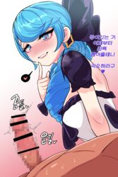 1boy 1girls blue_eyes blue_hair blush censored clothed drill_hair gwen_(league_of_legends) hair_ornament heart kimtoxic league_of_legends looking_at_penis male penis simple_background smile sweat text translation_request twin_drills