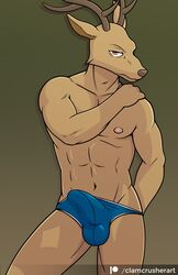 1boy abs anthro antlers beastars biceps blue_underwear briefs brown_body brown_eyes brown_fur brown_nose bulge cervid cervine clamcrusher clothed clothing fur genital_outline horn louis_(beastars) male male_only mammal muscular muscular_anthro muscular_male nipples pecs penis_outline red_deer solo topless underwear