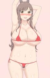 armpits bikini blush breasts brown_eyes brown_hair embarrassed female fire_emblem fire_emblem_awakening hair_ornament heavy_blush highres huge_breasts large_breasts long_hair looking_at_viewer micro_bikini midriff milf navel nintendo open_mouth plump pubic_hair raigarasu smile solo steam sumia_(fire_emblem) sweat thick_thighs thighs