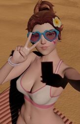 1girls 3d beach bikini bikini_top blizzard_entertainment bottomless brown_eyes brown_hair d.va earrings fatterrocker female female_only flower_in_hair glasses heart_glasses heart_sunglasses light-skinned_female light_skin overwatch peace_sign self_upload selfie solo sunglasses swimsuit tagme tinted_eyewear v waveracer_d.va