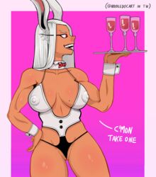 1girls breasts bunny_ears cup dark-skinned_female dark_skin elegant female female_only miruko my_hero_academia nobledocart pink_background rumi_usagiyama solo waitress white_hair wine wine_glass