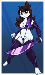 alternate_clothing barefoot big_breasts blue_background brown_hair female holding_katana jaiden jaiden_animations neronova pose standing white_skin youtube youtuber youtuber_girl