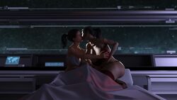 2girls 3d animated athletic_female bed bra female_only human jackerman kissing light-skinned_female mp4 panties sound space spacecraft thighhighs video yuri