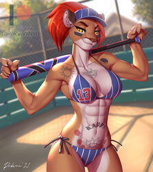 2021 5_fingers abs anthro athletic athletic_anthro athletic_female baseball_bat baseball_cap bat_(object) belly_tattoo big_breasts bikini breasts bronx23 chest_tattoo claws cleavage clothed clothing cougar countershade_face countershade_torso countershading digital_media_(artwork) felid feline female finger_claws fingers fur hair hat headgear headwear hi_res holding_bat humanoid_hands inner_ear_fluff ivy_(bronx23) long_hair looking_at_viewer mammal multicolored_body multicolored_fur muscular muscular_anthro muscular_female navel outside pakwan008 pinup ponytail pose pupils red_hair signature slit_pupils smile smirk solo standing swimwear tan_body tan_fur tattoo text text_on_clothing tuft two_tone_body two_tone_fur white_body white_fur yellow_eyes