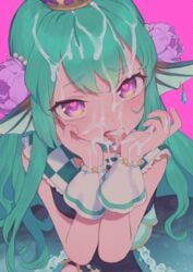 1girls 2d after_oral arms blush blush_lines clothed clothing cum cum_in_mouth cum_licking cum_on_face cum_on_hands digital_drawing_(artwork) dress excessive_cum facing_viewer female female_focus female_only finana_ryugu fingers front_view fully_clothed green_hair hair hands heart-shaped_pupils heart_eyes hi_res light_skin long_hair looking_at_viewer mermaid monster_girl nijisanji nijisanji_en open_eyes open_mouth petite pumpkinspicelatte purple_eyes symbol-shaped_pupils tongue tongue_out virtual_youtuber