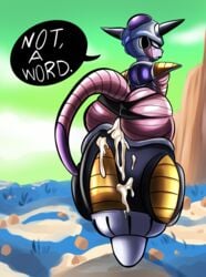 after_anal after_sex anal androgynous angry ass cum cum_in_ass cum_inside cum_on_ass dragon_ball embarrassed excessive_cum fat_ass frieza frieza_(first_form) from_behind nathanatwar ruined_anus solo tail threatening underwear underwear_aside vehicle whateverdoes