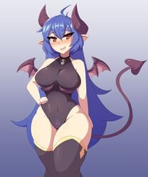 1girls 5:6 bare_shoulders big_breasts blue_hair blush breasts demon_girl demon_horns demon_tail demon_wings erect_nipples erect_nipples_under_clothes fangs female female_only hips horns large_breasts leotard navel original original_character pointy_ears red_eyes solo solo_female standing tagme tail thick thick_thighs thighhighs thighs vadaboob wide_hips wings