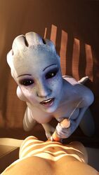 1boy 1girls 3d asari blender blue_skin cum cum_on_body cum_on_breasts female giver_pov liara_t'soni looking_at_viewer mass_effect maximusjandari poster pov unseen_male_face