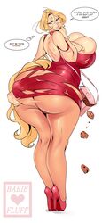 1girls ass ass_cleavage babie_fluff ballet_heels big_ass big_breasts bimbo bimbo_body breasts butt_crack cookie dress female food full_body high_heels huge_ass huge_breasts ripped_clothing ripped_dress solo sonia_(babie) speech_bubble standing text thick_ass thick_lips thick_thighs torn_clothes very_high_heels voluptuous wardrobe_malfunction white_background wide_hips