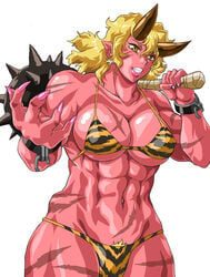 1girls abdominal_bulge big_breasts bikini breasts covered_nipples demon_girl female manabe_jouji muscular muscular_female oni oni_horns tiger_print