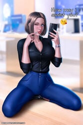 big_breasts blue_eyes breasts brown_hair busty female female_focus hourglass_figure kneeling mikamipinup nail_polish pinup pinup_pose samsung samsung_sam short_hair speech_bubble tagme wide_hips