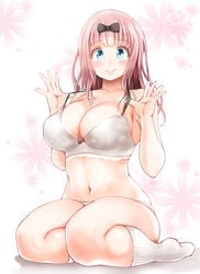 1girls ashiashi bangs big_breasts blue_eyes bra cleavage clothed cute cute_face fujiwara_chika hairbow kaguya-sama_wa_kokurasetai_~tensai-tachi_no_renai_zunousen~ kneehighs lace-trimmed_bra legs long_hair looking_at_viewer medium_hair navel panties partially_clothed pink_hair simple_background slightly_chubby smile socks solo solo_female stomach thick thick_thighs voluptuous white_bra white_lingerie white_panties white_socks white_underwear