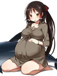 1girls big_belly bracelet breasts brown_hair gray_clothing hair_ornament long_hair necklace pregnant reimu_hakurei ring shark sitting touhou yellow_eyes