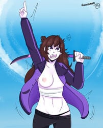 big_breasts black_panties black_pants brown_hair eyebrows_visible_through_hair female hikikomori holding_katana jacket_open jaiden jaiden_animations long_hair no_bra pointing_at_another purple_jacket signature solo sword torso youtube youtuber