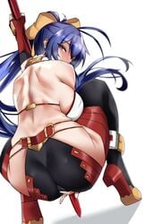 absurdres antenna_hair ass backless_outfit blazblue blazblue:_central_fiction blue_hair blush breasts female fingerless_gloves from_behind gloves hair_ribbon high_heels highres holding holding_spear holding_weapon kyle_(kysizzle) large_breasts long_hair looking_at_viewer mai_natsume mole mole_on_breast pink_eyes polearm ponytail pussy_juice red_gloves ribbon sideboob solo spear sweat weapon yellow_ribbon