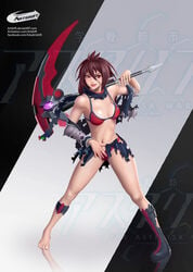 1girls belly belly_button bikini bra feet gakusen_toshi_asterisk lips panties pose red_eyes red_hair ripped_clothing scarf scythe seductive tongue urzaiz_irene weapon