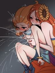 2girls blush breast_milk breasts embarrassed female female_only flower flower_in_hair heterochromia lactation league_of_legends leona_(league_of_legends) milking nipple_pinch nipples orange_hair partially_clothed smile tears twitching yabby yuri zoe_(league_of_legends)