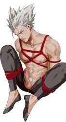 1boy abs absurdres black_pants blush bondage bound bound_arms bound_legs commentary dudlesnudy erection flats garou_(one-punch_man) grey_hair grimace highres looking_at_viewer male_focus male_only muscular muscular_male nipples one-punch_man pants pectorals penis pointy_hair pubic_hair shoes solo testicles topless white_background yellow_eyes