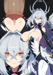 1girls clothed dark-skinned_male elsword empty_eyes eve_(elsword) huge_breasts imminent_penetration male penis white_hair yanje yellow_eyes