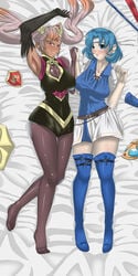 2girls armpits bare_thighs blue_eyes blue_hair blush cleavage dakimakura dakimakura_design dark-skinned_female dark_skin female_only fire_emblem fire_emblem:_the_binding_blade fire_emblem_heroes frown hand_holding laevatein_(fire_emblem) large_breasts long_hair looking_at_viewer medium_hair multicolored_hair mythios nintendo pantyhose pink_hair red_eyes thea_(fire_emblem) thighhighs twintails