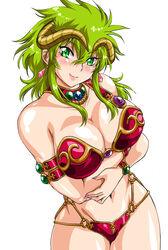 alien_girl armored_boots big_breasts bikini breasts female girl green_eyes green_hair hair horns kahm manabe_jouji monster_girl outlanders simple_background