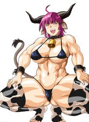 1girls belly_button big_breasts blush breasts cow_girl female female_only hair horn legs legs_apart manabe_jouji muscles muscular muscular_female solo squatting