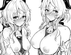 1girls alternate_breast_size blush breasts breasts_out cowbell female ganyu_(genshin_impact) genshin_impact goat goat_horns hi_res large_breasts medium_breasts monochrome nipples sweat upanishi_mariko