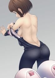 1girls ass ass_cleavage back back_view blush bodysuit boots breasts brown_eyes brown_hair butt butt_crack color female female_only grey_background kneeling kobaji looking_away medium_breasts my_hero_academia ochako_uraraka rear_view short_hair sideboob solo undressing xiao_lin_gt zipper