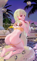 1girls arched_back ass ass_focus azur_lane back bare_arms bare_shoulders barefoot bikini bikini_pull blonde_hair breasts bubble cirilla_lin feet female female_only giuseppe_garibaldi_(azur_lane) highres looking_at_viewer medium_breasts multicolored_hair night outdoors pale-skinned_female pale_skin pool red_eyes skindentation solo swimsuit thigh_strap thighs toes water