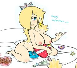 1girls bed blonde blonde_hair blue_eyes crown female female_only looking_at_viewer mario_(series) nintendo nude princess_rosalina seductive seductive_smile sitting sitting_on_bed star_earrings super_mario_galaxy tagme tsumibro valentine's_day white_background