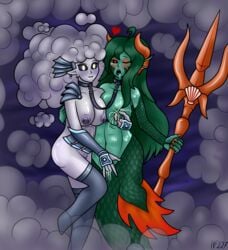 calamity_mod cloud_elemental clouds collar fingering green_scales hellfire227 horns lactation lesbian mermaid monster_girl piercing siren_(calamity_mod) squirting terraria trident weapon yuri