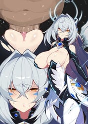 1girls clothed dark-skinned_male elsword eve_(elsword) huge_breasts male penis vaginal_penetration white_hair yanje yellow_eyes