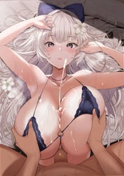 1boy 1girls areola azur_lane bikini_top breast_grab censored condoms cum dark-skinned_male dark_skin ejaculation erect_nipples light-skinned_female light_skin paizuri penis swimsuits takaharu unopened_condom_wrapper vittorio_veneto_(azur_lane) vittorio_veneto_(the_flower_of_la_spezia)_(azur_lane)