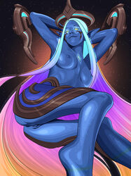 anus armpits arms_behind_head arms_up blue_skin chaos_and_order_series dawnbringer_soraka female iyiythicink league_of_legends long_hair medium_breasts multicolored_hair pointy_ears solo soraka very_long_hair white_hair yellow_eyes