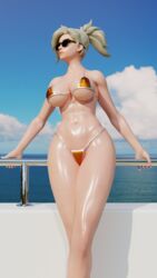 1girls 3d abs bikini blonde_hair boat breasts female female_abs female_only gelzy highres large_breasts mercy micro_bikini ocean overwatch ponytail shiny_skin solo sunglasses swimsuit tinted_eyewear wide_hips