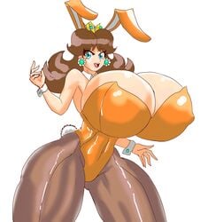 1girls alternate_body_type alternate_breast_size big_breasts blue_eyes breasts brown_hair bunny_ears bunny_girl bunny_tail bunnysuit cleavage crown earrings eyelashes female female_only flower_earrings huge_breasts human human_only leotard marcormen mario_(series) nintendo open_mouth pantyhose princess princess_daisy royalty short_hair simple_background smile solo solo_female standing tagme thick_thighs tight_clothing voluptuous white_background wide_hips wrist_cuffs