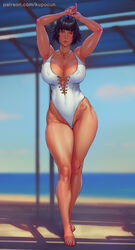 1girls breasts cleavage devil_may_cry devil_may_cry_5 female female_only huge_breasts kupocun lady_(devil_may_cry) one-piece_swimsuit solo thick_thighs wide_hips