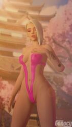 1girls 3d 3d_(artwork) ashe_(overwatch) barely_clothed bikini blender erect_nipples erection_under_clothes female female_only gonocy overwatch pussy_peek red_eyes solo tight_clothing white_hair