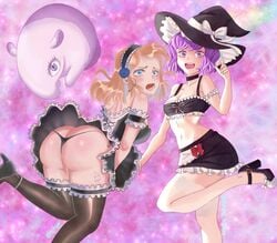 2girls ass big_ass black_clover black_panties blonde_hair blue_eyes blush breasts charlotte_roselei dorothy_unsworth embarrassed female_focus female_only long_hair looking_at_viewer maid maid_bikini maid_dress maid_outfit maid_uniform medium_breasts multiple_girls purple_eyes purple_hair short_hair smile smiling witch witch_hat