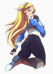 2020 abysswatchers ass blonde_hair blue_eyes boots breath_of_the_wild clothed elf_ears fingerless_gloves fully_clothed hair_clip kneeling long_blonde_hair long_hair looking_back nintendo princess_zelda sideboob teenager the_legend_of_zelda the_legend_of_zelda:_breath_of_the_wild thick_thighs white_background yoga_pants zelda_(breath_of_the_wild)