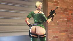 1girls 3d akatomasu ass blonde_hair blue_eyes clothed female female_focus female_only green_clothing gun headphones hi_res highres holding_weapon iq_(rainbow_six) looking_at_viewer looking_back mature milf military outdoors outside pants partially_clothed pose rainbow_six rainbow_six_siege soldier source_filmmaker straps tracksuit wall weapon