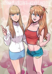 2010s 2019 2girls absurd_res anime arm_around_waist asuka_langley_sohryu bangs bare_shoulders blonde_hair blue_bottomwear blue_eyes blue_skirt braid breasts brown_hair character_name clothing collarbone confidence confident confident_smile cowboy_shot crop_top crossover crown_braid curvaceous cutoffs denim denim_shorts duo duo_female earrings exposed_pockets eyebrows eyebrows_behind_hair eyelashes facing_viewer feet_out_of_frame female female_focus female_only fingernails fist french_braid front_view fully_clothed gainax girly_girl gundam gundam_wing hair_between_eyes hairpods half_updo hand_up happy hi_res human jean_shorts jewelry light-skinned_female light_brown_hair light_skin lips long_hair long_hair_female long_sleeves looking_at_viewer manga medium_breasts micro_shorts midriff miniskirt multiple_girls navel neon_genesis_evangelion open_mouth orange_hair parted_lips pencil_skirt red_shirt relena_peacecraft shiny shiny_hair shiny_skin shirt short_shorts shorts signature skirt sleeveless smile spaghetti_strap standing strong_tomboy_(spectrum) tank_top tekuho tomboy twitter_username two_tone_topwear_(purpleandred) upper_teeth wide_hips