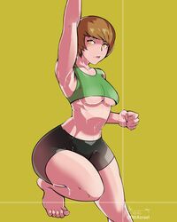 1girls 2021 armpits ass atlus bike_shorts booty_shorts breasts brown_hair clothing female human looking_at_viewer ntazrael persona persona_4 satonaka_chie shadow_chie shadow_self_(persona) short_hair shorts solo sports_bra sweat white_skin yellow_background yellow_eyes