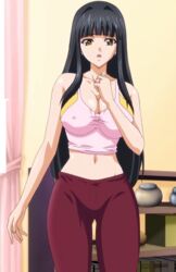 1girls black_hair breasts cleavage crop_top earrings ebihara_urara edit edited erect_nipples_under_clothes indoors large_breasts long_hair looking_at_viewer midriff navel pants rin_x_sen rin_x_sen_+_ran->sem:_cross_mix rin_x_sen_+_ran_-_sem_cross_mix solo tank_top