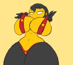 bedroom_eyes big_breasts big_thighs black_hair countryhumans countryhumans_girl covered_nipples polcompball short_hair stormtigerx yellow_body