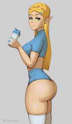 1girls ass ass_focus bimbo blonde_hair blue_eyes breath_of_the_wild crop_top cropped_legs disinterested emotionless expressionless female female_focus female_only huge_ass humanoid looking_at_viewer low_cut_top nail_polish nails nintendo phat_smash pointy_ears princess_zelda short_shorts simple_background solo solo_female solo_focus standing the_legend_of_zelda thick_thighs thigh_squish thighhighs wide_hips zelda_(breath_of_the_wild)
