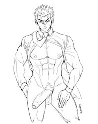 1boy abs absurd_res angry angry_face annoyed balls bara big_penis black_and_white burankoprn closed_mouth diamond_is_unbreakable dress_shirt erect_nipples erection eyelashes hand_on_thigh jojo's_bizarre_adventure kosaku_kawajiri looking_at_viewer male male_only muscles muscular open_clothes open_eyes open_shirt penis pubic_hair shirt shirt_lift shirt_up short_hair sketch solo solo_male spiky_hair tie yaoi yoshikage_kira