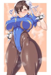 1girls big_breasts blue_leotard blue_thong_leotard breasts brown_hair brown_pantyhose bun_cover capcom chinese_clothes chun-li eye_contact female glasses hair_bun hand_on_hip huge_breasts huge_thighs large_breasts leotard looking_at_viewer looking_down looking_down_at_viewer low_angle muscular_female muscular_thighs naughty_face odor pantyhose peace_sign puffy_sleeves rururu82010664 shiny_clothes shiny_skin smile solo spiked_bracelet standing steam steaming_body street_fighter sweat thick_thighs thong_leotard tight_clothing video_games voluptuous wide_hips