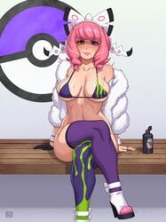 1girls alternate_breast_size bad_id bad_twitter_id big_breasts blush breasts cleavage dildo_sitting female female_focus female_only hiding_dildo klara_(pokemon) large_breasts mole mole_under_mouth nintendo pink_hair pokemon pokemon_ss pokemon_ss_isle_of_armor purple_eyes rizdraws solo year_request